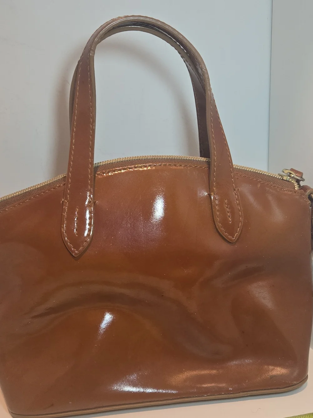 Dooney & Bourke Cognac Patent Leather Satchel with Gold Plaque